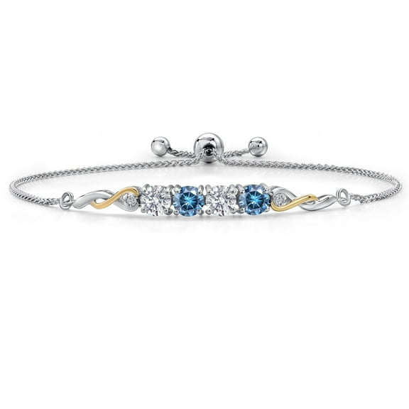 Gem Stone King 925 Silver and 10K Yellow Gold White Lab Grown Diamond and Persian Blue Moissanite Bracelet for Women | 2.02 Cttw | Gemstone April Birthstone | Round 5MM | Fully Adjustable 9 inch
