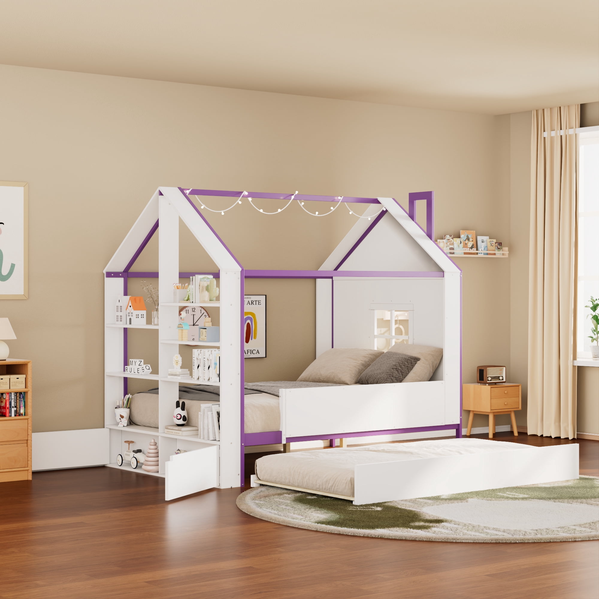 Full Size House Bed Frame with Pull-Out Trundle, Tail End Storage Shelves and Cool White LED Lights, White+Purple