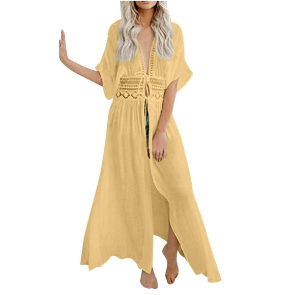 Summer Savings Clearance! PEZHADA Swimsuit Coverup For Women,Women's Fashion Casual Spring And Summer Hollow Out Beach Long Style Cover Ups Beige S