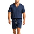 thumbnail image 5 of Cagogo Men's 2 Piece Outfits V Neck Short Sleeve T Shirt Elastic Waist Shorts Summer Casual Lounge Matching Sets Solid Basic Tracksuit Travel, Navy 2XL, 5 of 5