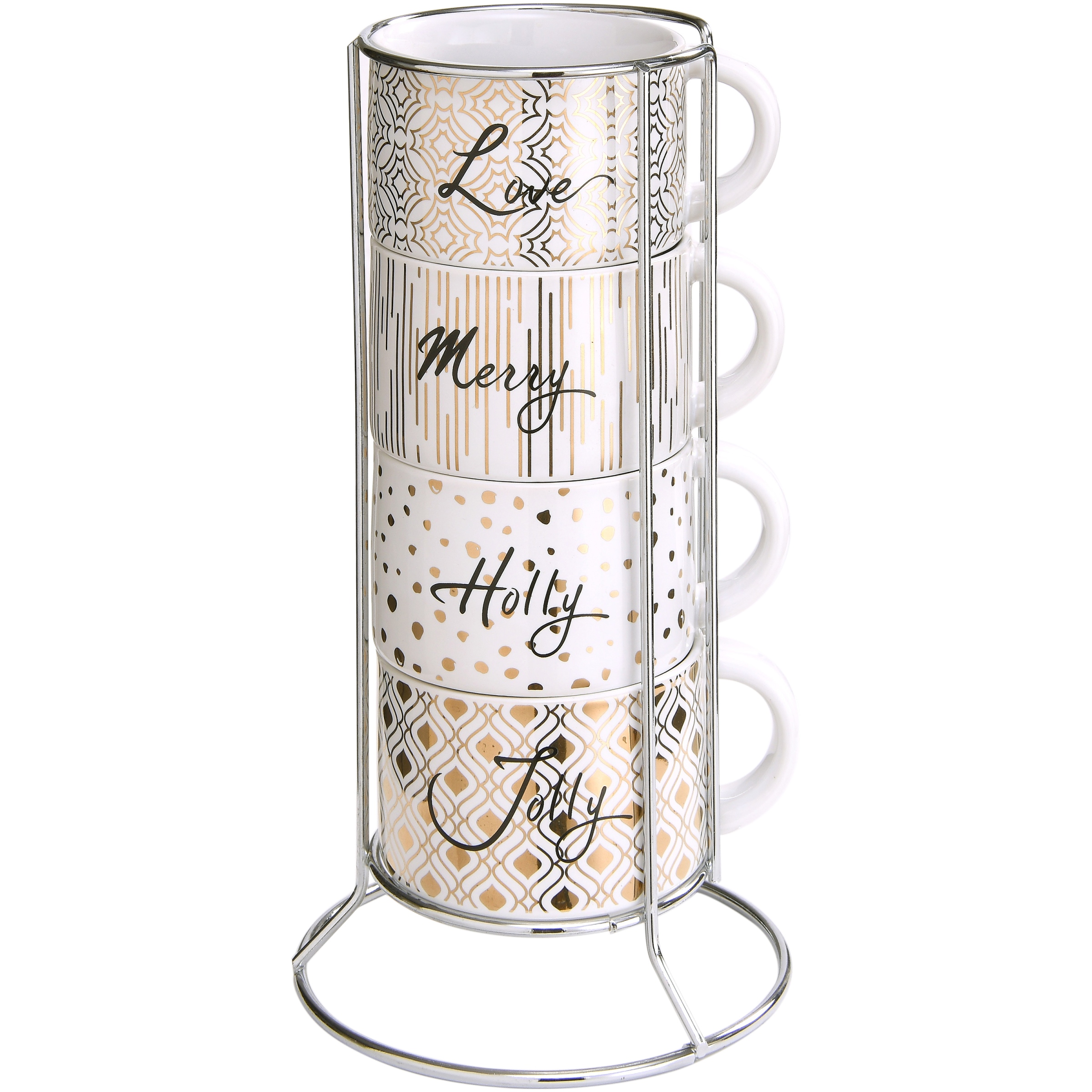 Mainstays Holiday Sentiments Microwave & Dishwasher Safe Stackable Mug Set with Metal Rack, 5 