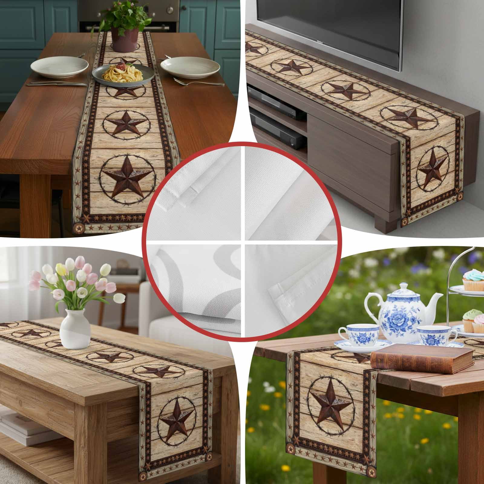 Retro Rustic Texas Country Star Table Runner 90 Inches Long, Farmhouse Vintage Wood Barn Table Runners Tabletop Scarf Kitchen Dining Tables Decoration for Home Party Indoor Outdoor