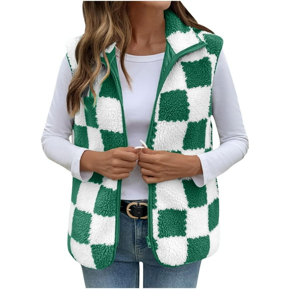 Womens Checkered Sherpa Vest Zip Up Plaid Sleeveless Fleece Jacket Stand Collar Winter Gilet with Chest Pocket Green, L