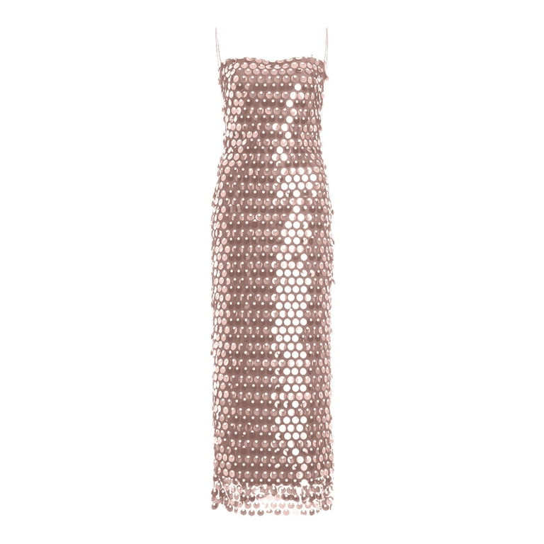 Dolkfu Going Out Dresses Sequins Sleeveless Square Neckline Gold Long Bodycon Dresses Slim Abstract Artistic Sequin Modern Dresses Rose Gold,M