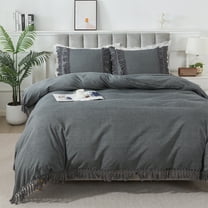 LANPEI Duvet Cover Set, Grey Tassel Fringe Duvet Cover Set Queen, 3-Piece Bohemian Bedding Set 100% Washed Cotton with Zipper Close & Corner Ties