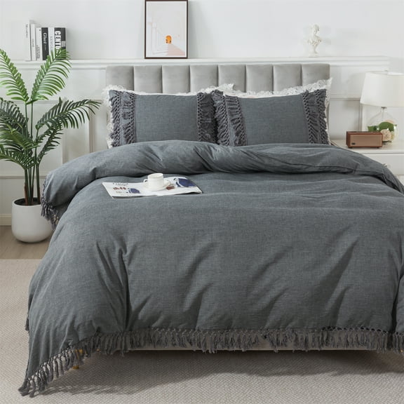 LANPEI Duvet Cover Set, Grey Tassel Fringe Duvet Cover Set Queen, 3-Piece Bohemian Bedding Set 100% Washed Cotton with Zipper Close & Corner Ties