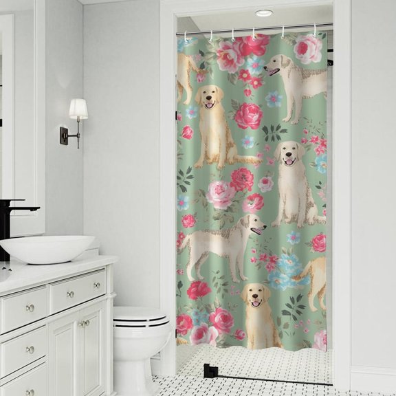 Labrador Dog and Flower Floral Shower Curtain 36"x72" ,Bathroom Decorative Shower Curtains Set with 12 Hooks,Modern Waterproof Washable Shower Curtain