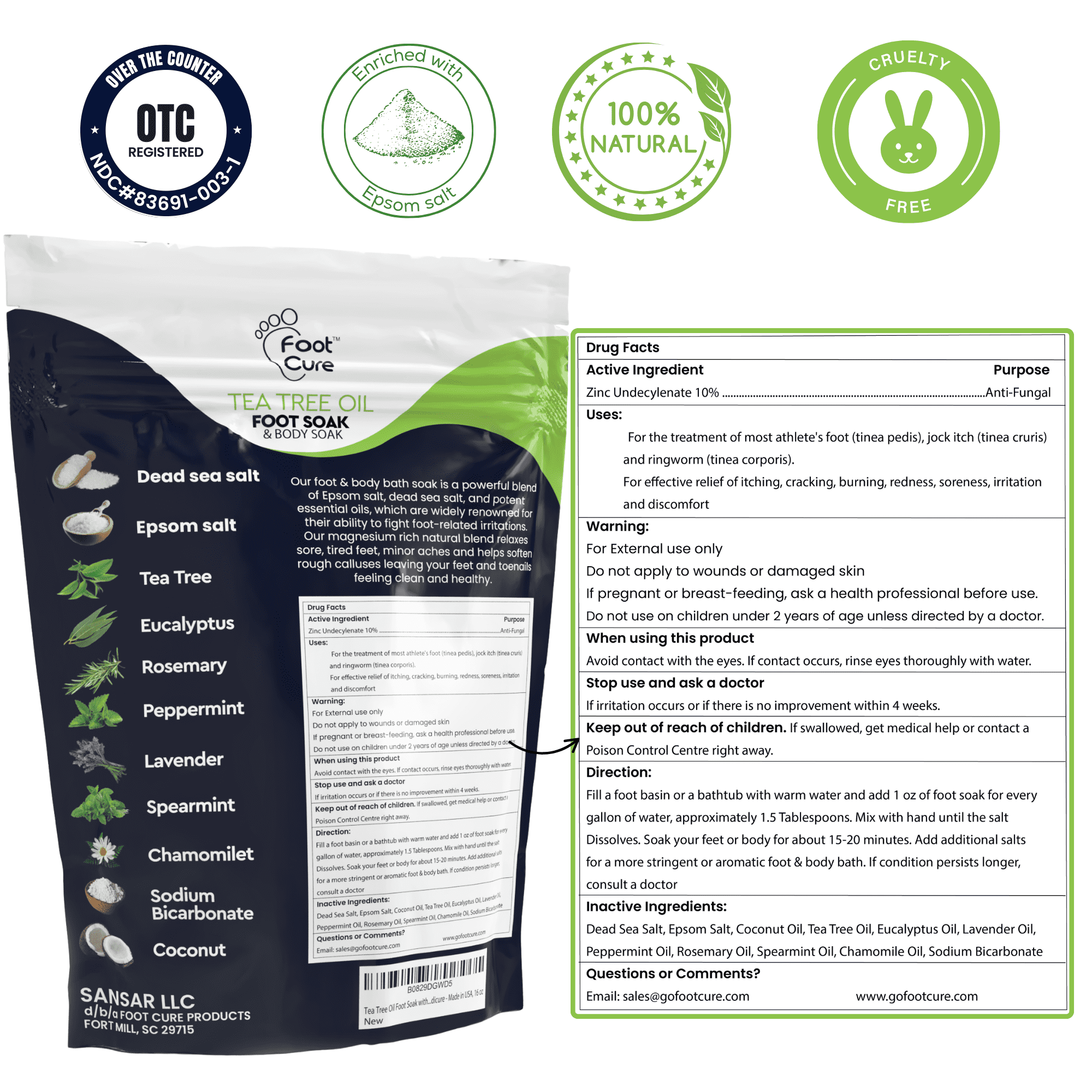 Foot Cure Tea Tree Oil Foot Soak with Epsom Salt for Toenail Fungus, Athlete's Foot, Callus Softening, Foot Odor Scent - 2Pack