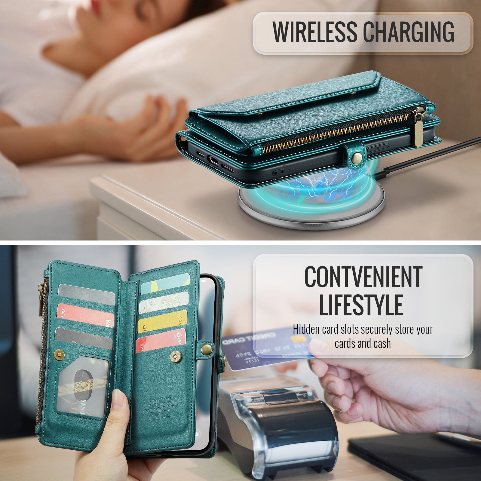 Compatible with iPhone 14 Pro Max 6.7 inch Zipper Wallet Phone Case Tempered Glass Screen Protector Crossbody Lanyard Strap Flip Card Holder Slot Cell Cover for iPhone14promax i14 P14Max Women Green
