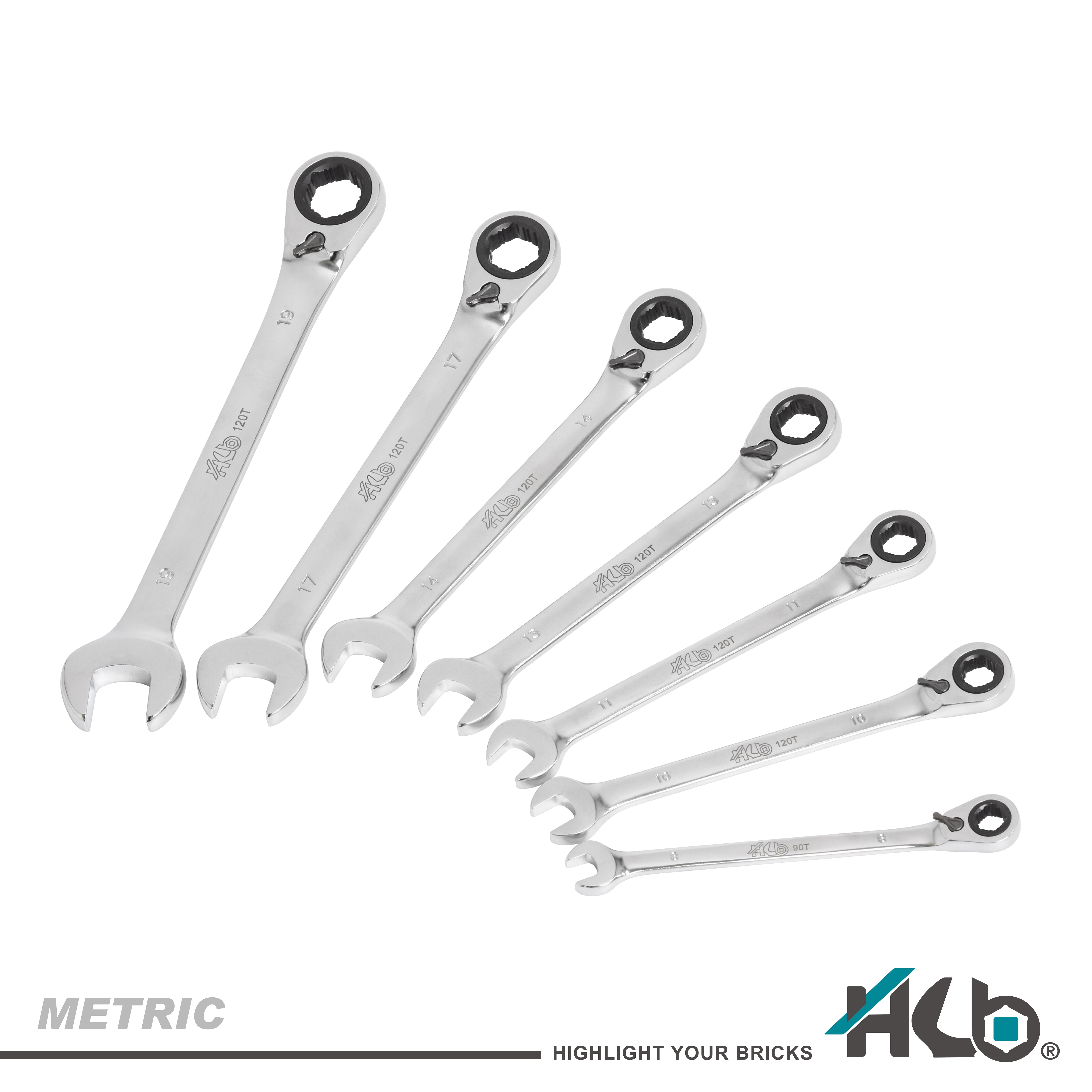 HB 7-Piece Ratchet Wrench Set WGM002-U | 90T & 120T Non-Slip Reversible Metric Wrenches 8–19mm | Patented Grip Plus Rounded Bolt Remover | Chrome Vanadium Steel Storage Rack Made in Taiwan