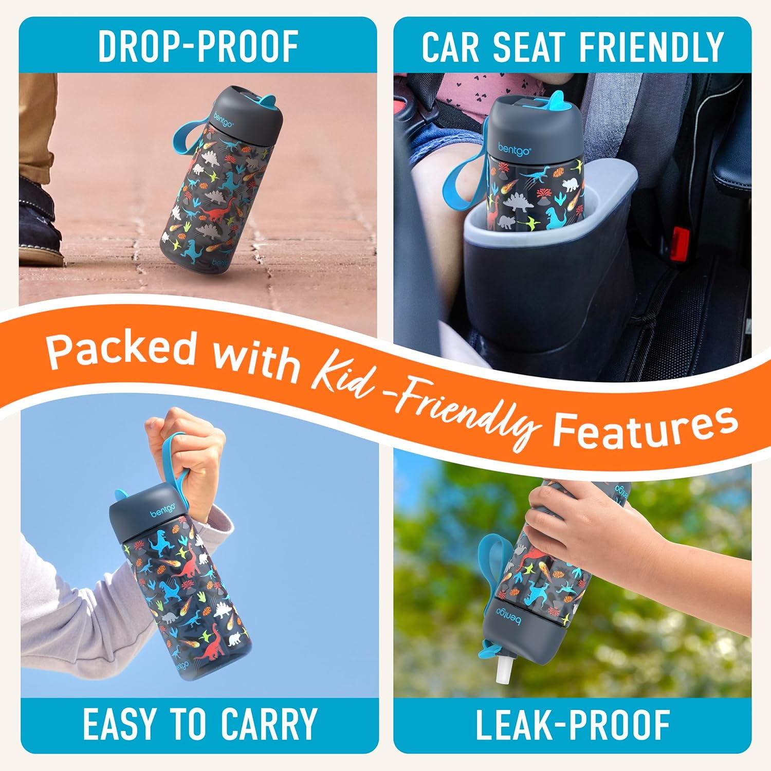Kids Water Bottle 15 oz Durable Tritan Dinosaur | Leak-Proof, BPA-Free, Cup for Kids/Toddlers Ages 3+, Safe Sip Spout, Carrying Handle, Dishwasher Safe, for School, Sports, Daycare & Camp