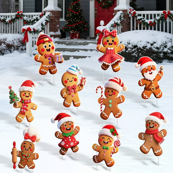 Remiawy 10 PCS Christmas Yard Signs, Gingerbread Outdoor Decorations, Gingerbread Man Yard Stakes for Lawn, Garden, Pathway, and Holiday Winter Xmas Decor