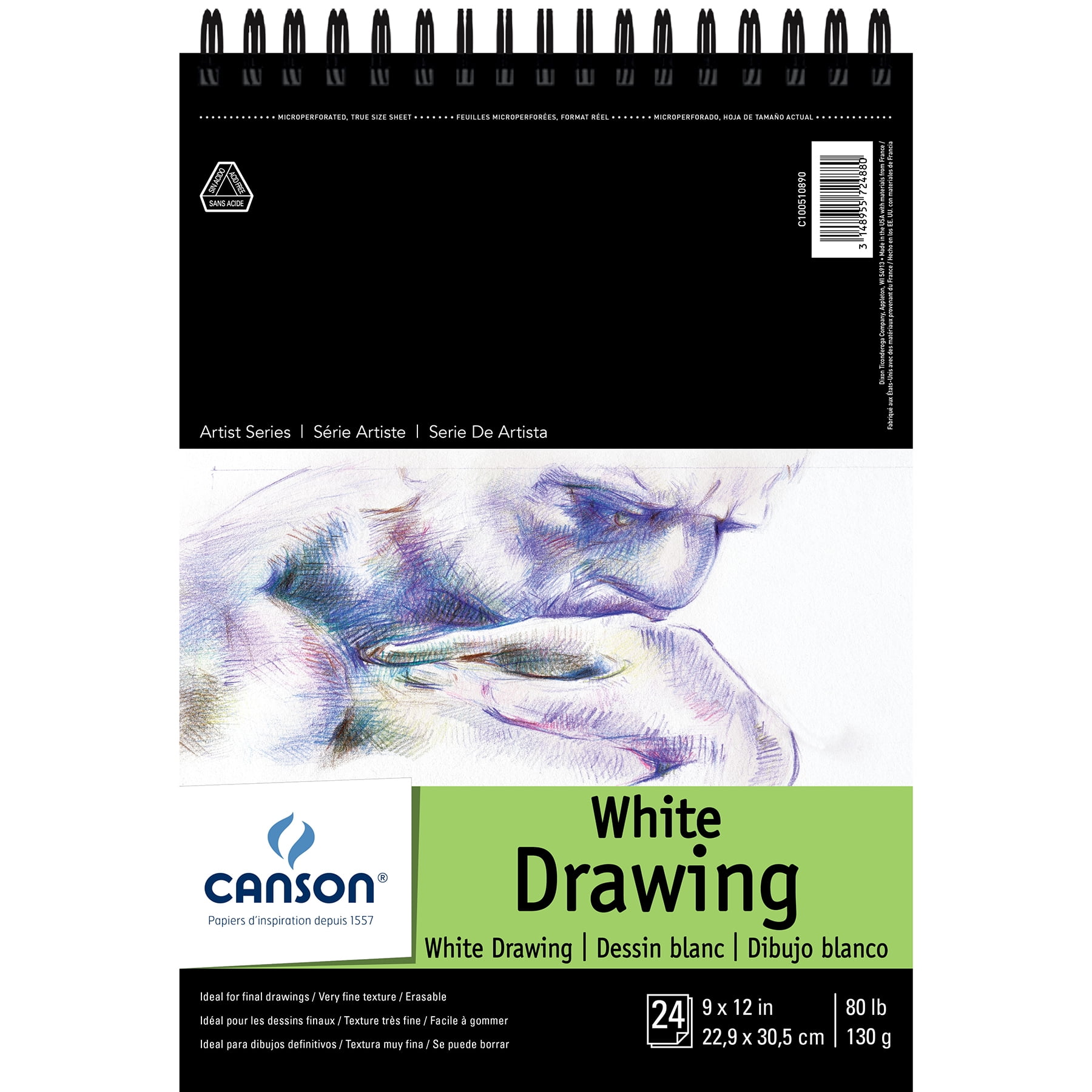 Canson Artist Series Drawing Pad, Bright White, Top Wire Binding, 24 Sheet, 9x12 inch, Pack of 3