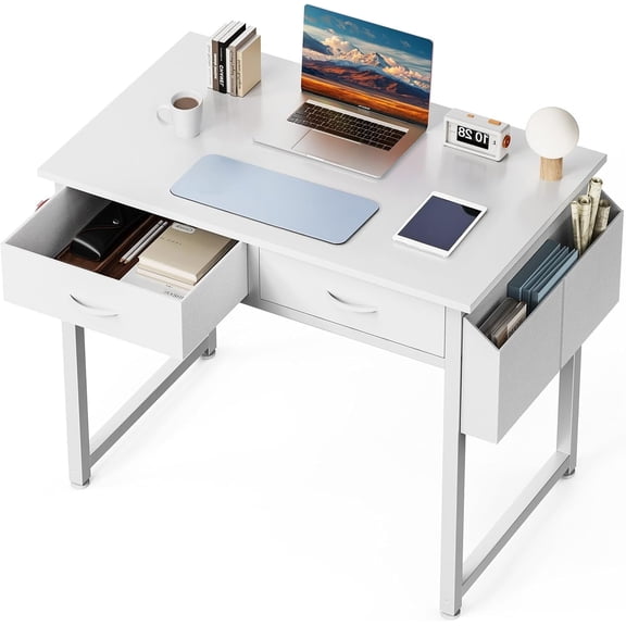 32" Modern Fabric Drawer Desk - Space-saving Vanity & Study Table for Bedroom/Home Office, Kids Writing Desk With Storage Bags & Wall Hook