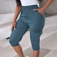 thumbnail image 4 of Omexry Maternity Shorts Denim Plus Size Women's Casual Cargo Capris Elastic High Waisted Drawstring Knee Length Pants with Flap Pockets for Summer Daily Wear Navy L, 4 of 8