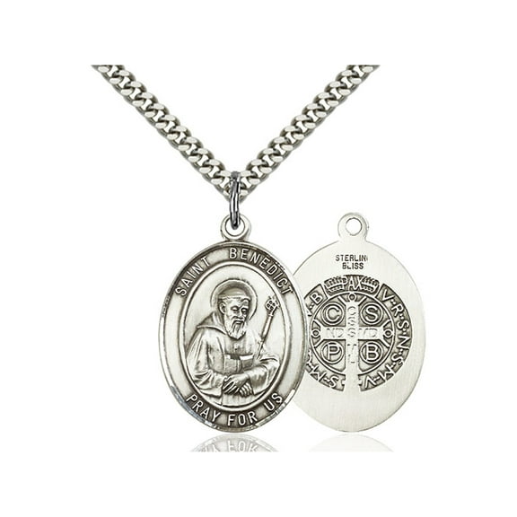 Sterling Silver St. Benedict Pendant 1 x 3/4 inches with Heavy Curb Chain