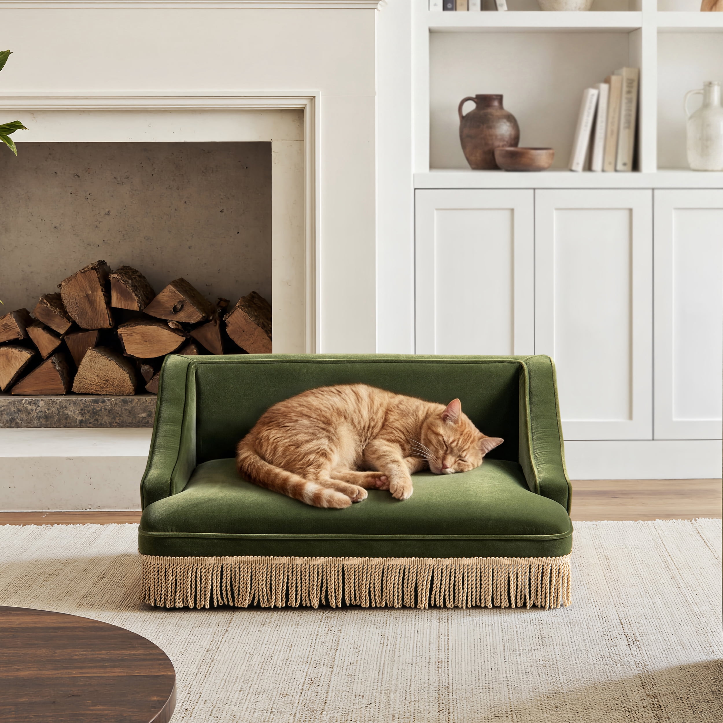 33" Medium Princess Pet Bed Sofa with Fringe Skirt, Olive Green Performance Velvet