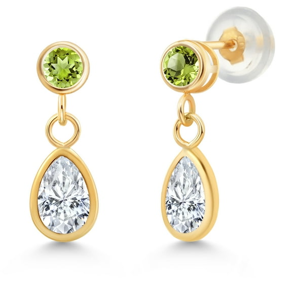 Gem Stone King 14K Yellow Gold White Moissanite and Green Peridot Dangle Earrings for Women (1.04 Cttw, Gemstone Birthstone, Pear Shape 6X4MM, Round 3MM)