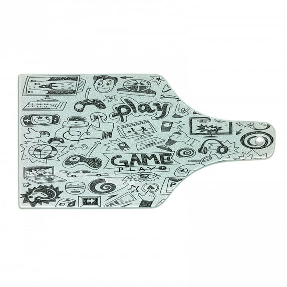 Video Games Cutting Board, Monochrome Sketch Style Gaming Design Racing Monitor Device Gadget Teen 90's, Tempered Glass Cutting and Serving Board, Wine Bottle Shape, Black White, by Ambesonne