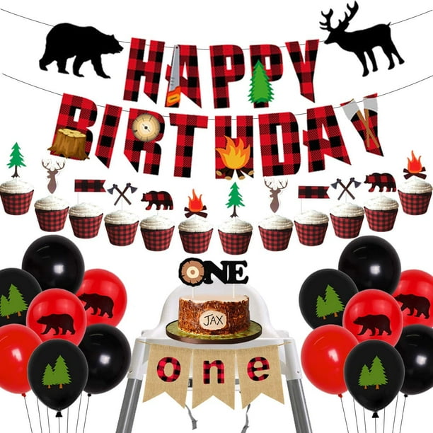 Décorations de premier anniversaire de bûcheron pour garçons Buffalo Plaid  Wild One Party Supplies Bear Happy Birthday One Highchair Banner Cake Topper  