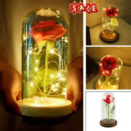 Beauty and The Beast Rose, Enchanted Red Silk Rose Lamp with Fairy String Lights in Glass Dome, Best Gifts for Her for Valentines Day, Mothers Day, Anniversary, Wedding, Birthday Gifts, Flower