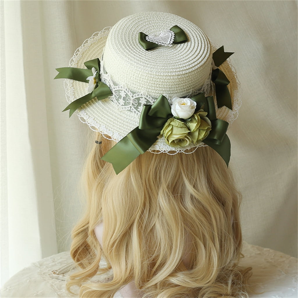 lanema Lace Flower Sun Protective Hat for Girls French-Style Bonnet Sweet WovenStraw Cap Wide Brimmed Hat Summer Headdress