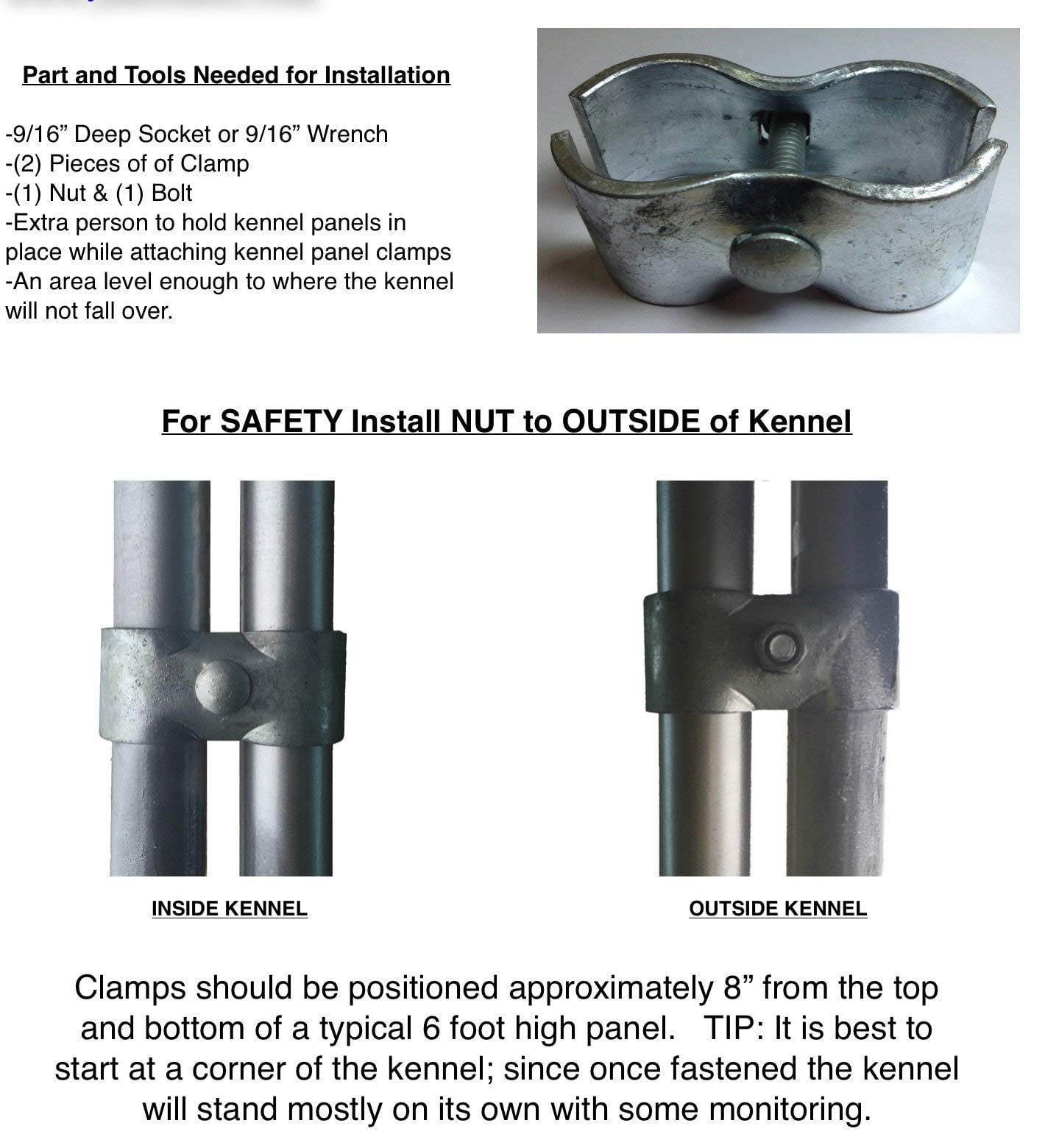 Chain Link Fence PANEL CLAMPS ~ KENNEL CLAMPS: (8 Set) for 1-3/8" chain link fence pipe panel frames. For Dog kennels / dog runs, or tempory chain link fence. Saddle clamps.
