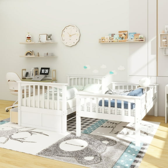 Twin over Twin Bunk Bed with Drawers, Convertible Beds, White