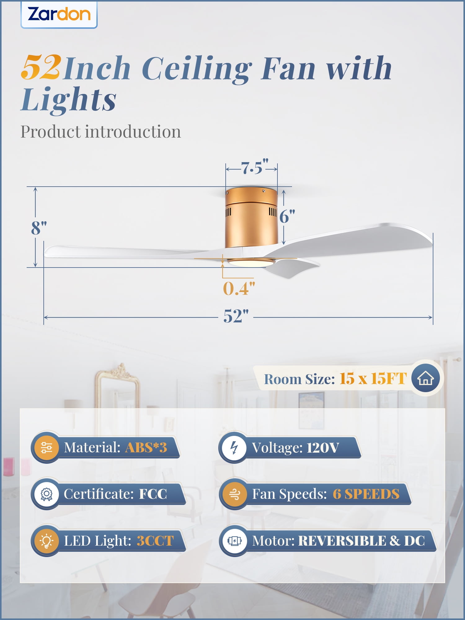 Zardon 52in Ceiling Fans with Remote Control and Light, 6 Speeds Reversible DC Motor, for Bedroom, Living Room, Indoor, Outdoor, White and Gold