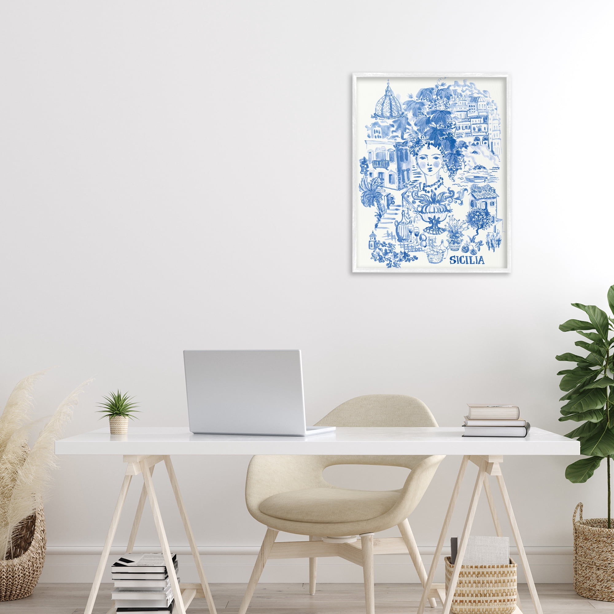 Stupell Industries Sicilia City In Blue White Framed Giclee Art, design by Karolina Sato