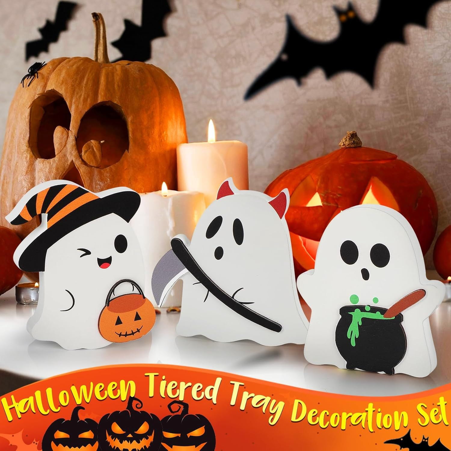 Set of 3 Cute Wooden Ghost Tiered Tray Decorations for Halloween Home Decor