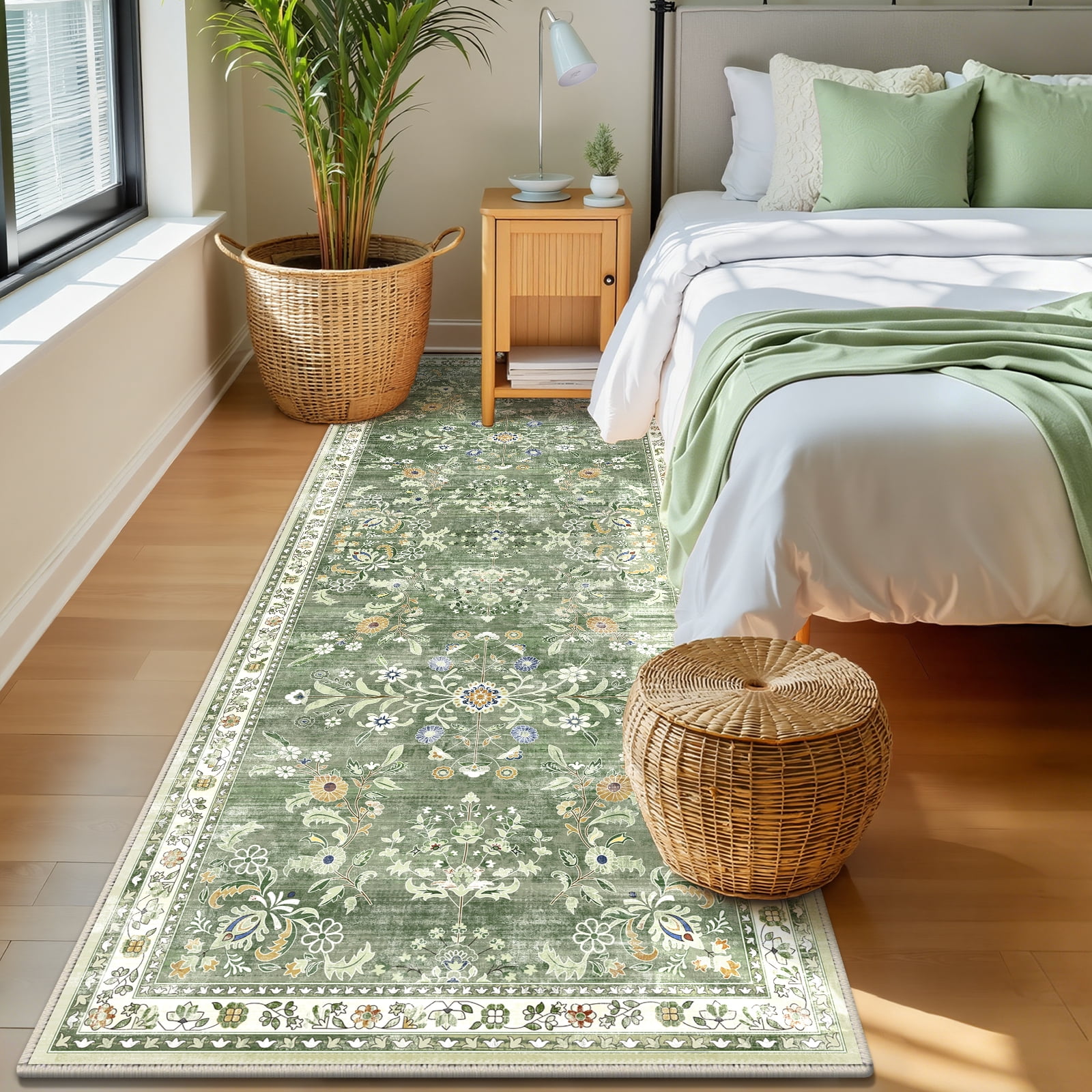MJIAexp 3'x8' Boho Runner Rug,Non Slip Washable Floral Hallway Runner Rug with Rubber Backing, Low Pile Faux Wool Distressed Carpet for Kitchen, Laundry, Bedroom, Entrance,Green