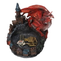 Medieval Red Dragon On Castle Tower Decorative Ashtray Or Key Coin Dish Figurine