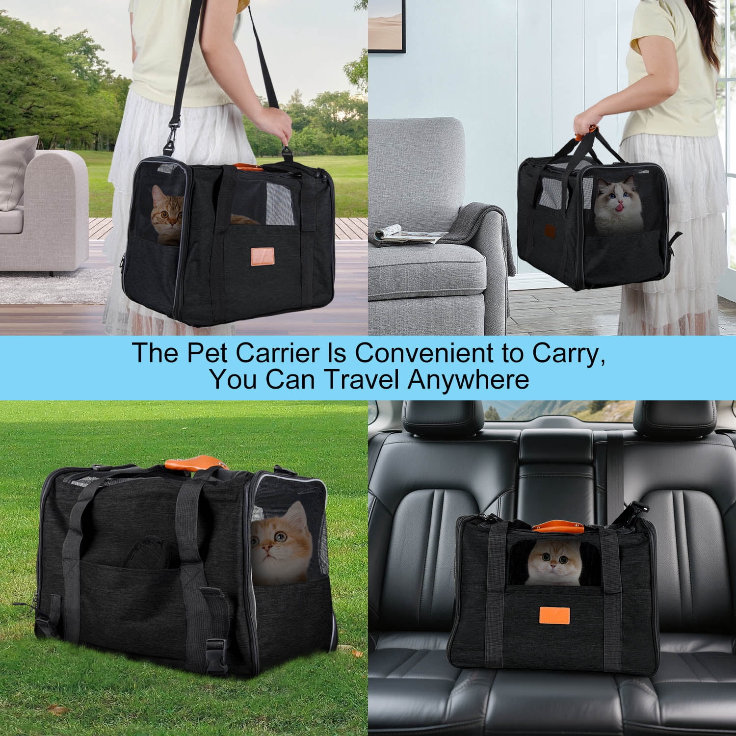 Cat Carrier Bag, AndHot Cat Carrying Case Pet Dog Carrier Soft-Sided Cat Bag Airline Approved for Medium Small Cats and Puppy up to 18lbs, Pet Carrier with Safety Zippers,Black