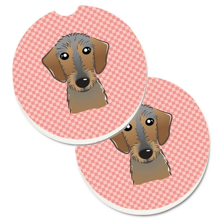 

Carolines Treasures BB1233CARC Checkerboard Pink Wirehaired Dachshund Set of 2 Cup Holder Car Coasters Large