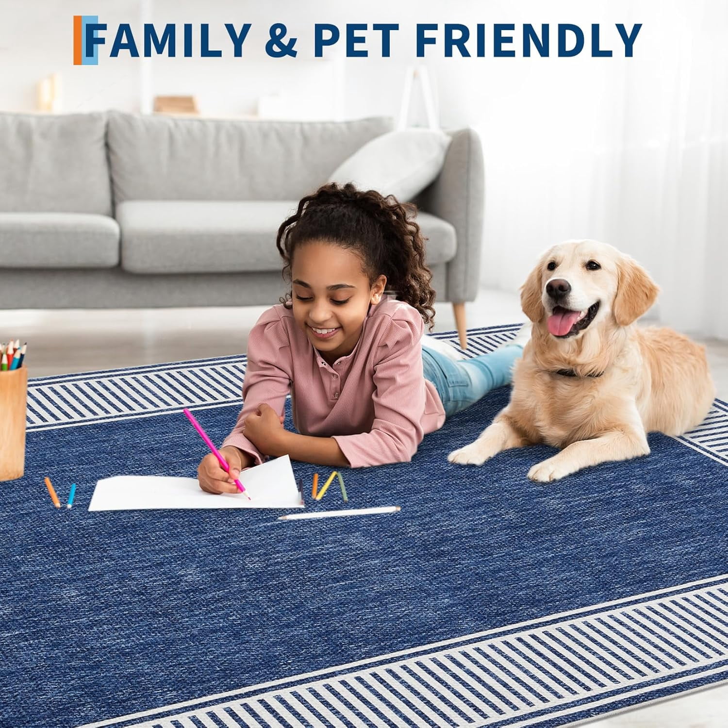 Memoryfield Modern Bordered 8' x 10' Area Rug, Washable Soft Non Slip Low Pile Stain Resistant Carpet Rugs, for Living Room Dining Room, Blue
