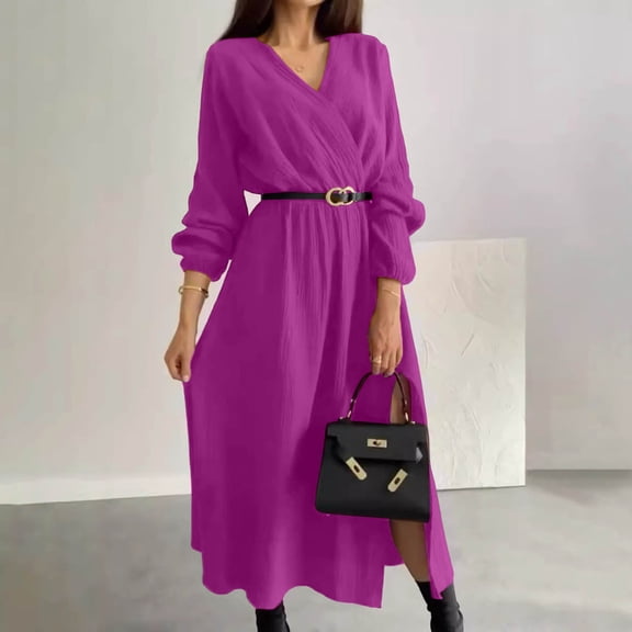 Fall Dress for Women with Belt Elegant Party Wedding Guest Maxi Gown Long Sleeve Wrap V Neck Trendy Split Dress (XL, Purple)