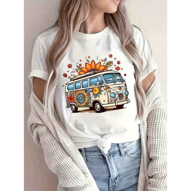 Women's Casual Short Sleeve T-Shirt with Flower Print - Round Neck Summer Top, Machine Washable & Breathable for Casual Attire, Cute T Shirts, Allseasons Top, Hippie Shirt, Soft Fabric Tee