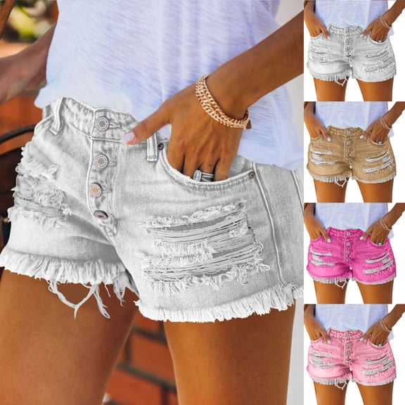 Zylanna Women Denim Distressed Shorts with Pockets, Solid Casual Flat Front High Waist Jean Shorts for Women White