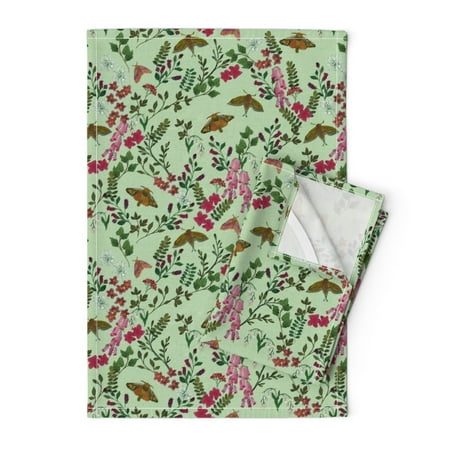 

Printed Tea Towel Linen Cotton Canvas - Garden Mint Green Moths Botanical Butterflies Pink Print Decorative Kitchen Towel by Spoonflower