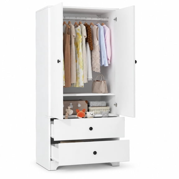 71 Inch Wooden Armoire Wardrobe Closet for Bedroom, 2 Doors 2 Drawers, Adjustable Shelves, Clothing Storage Cabinet with Aluminum Hanging Rod, Locker