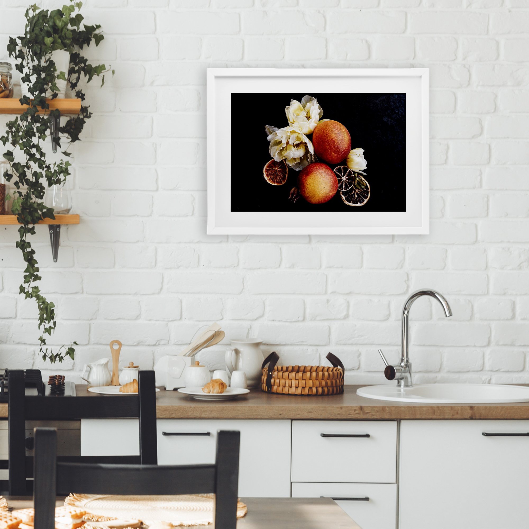 The Still Spring Fruit White Framed Print Under Glass, design by Amy Carroll