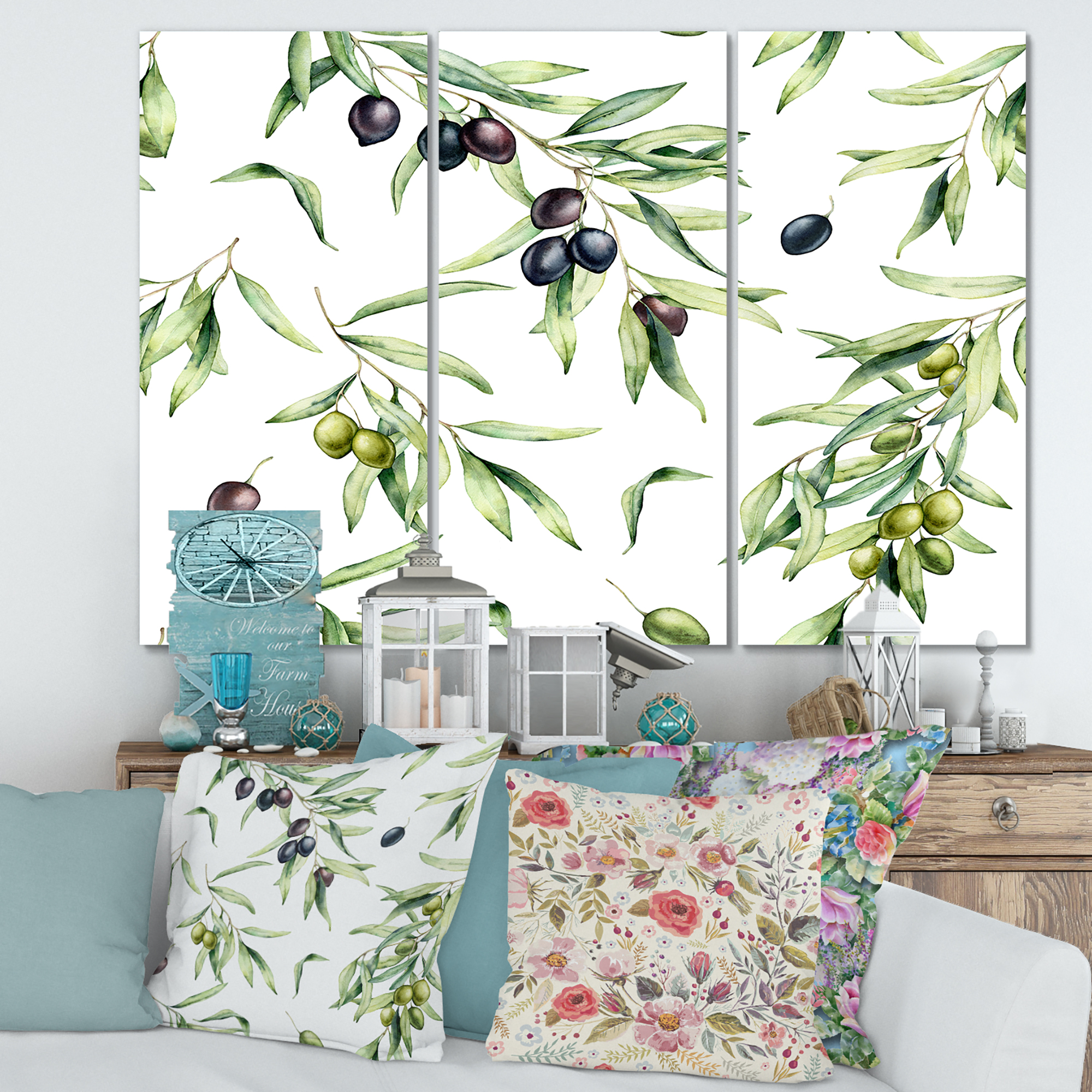 Designart ' Black and Green Olives With Olive Branches & Leaves ' Lake House Canvas Wall Art Print