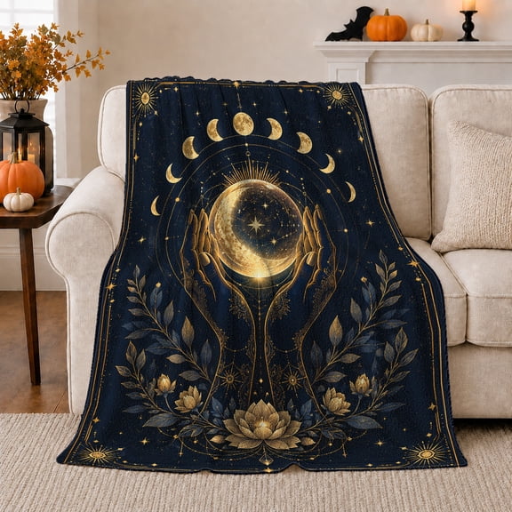 Celestial Moon Phase Hands Mystical Boho-Ornamental, Peaceful Celestial Art Scene, Warm Flannel Blanket for Sunroom and Reading Nook, Celestial Art Lovers Housewarming Gift, Celestial Home Decor