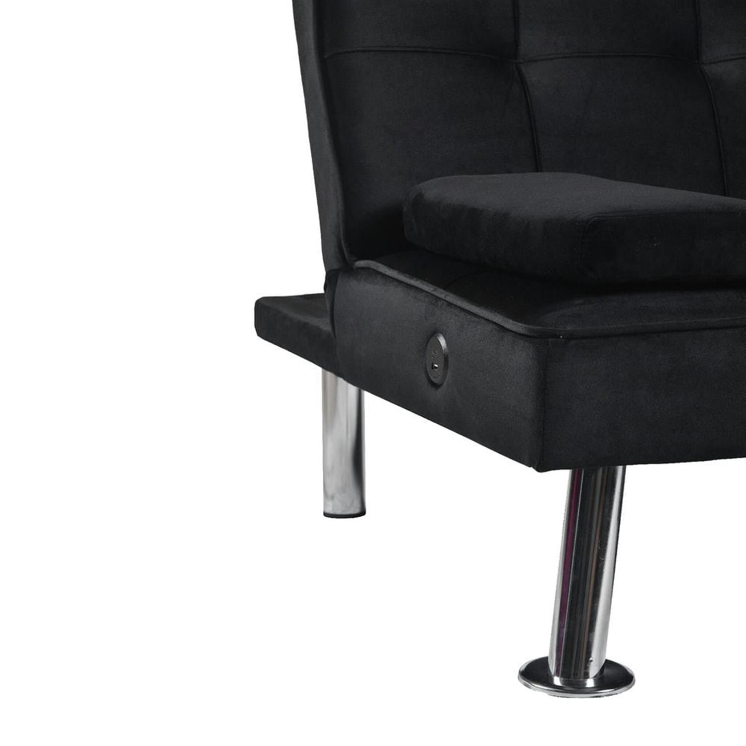 Demi Bonn Futon Sofa Bed, Velvet Futon Couch for Living Room, Recliner Sleeper Sofa with 2 Cup Holders, Removable Armrests, Metal Legs, Black