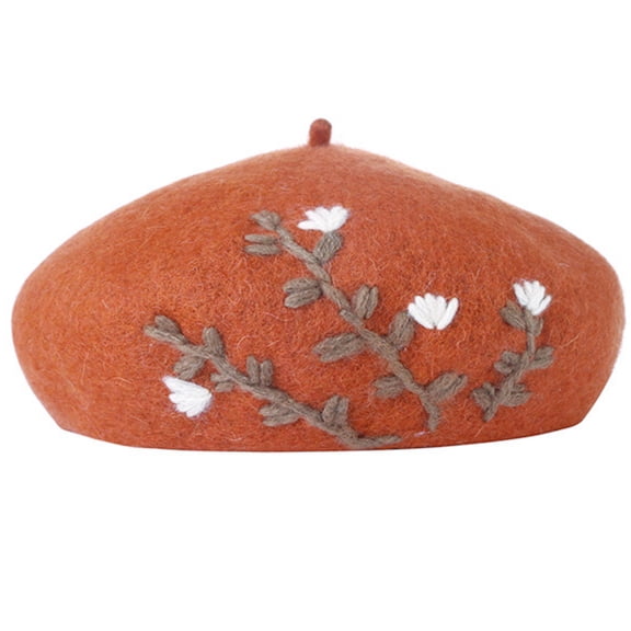 lanema Women Winter Warm Faux Wool Beret Hat Floral Leaf Embroidery Painter Pumpkin Cap