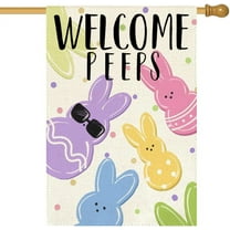 Easter Welcome Peeps House Flag - 28x40" Double-Sided Colorful Bunny Spring Seasonal Decorative Holiday Large Garden Yard Outdoor Decoration