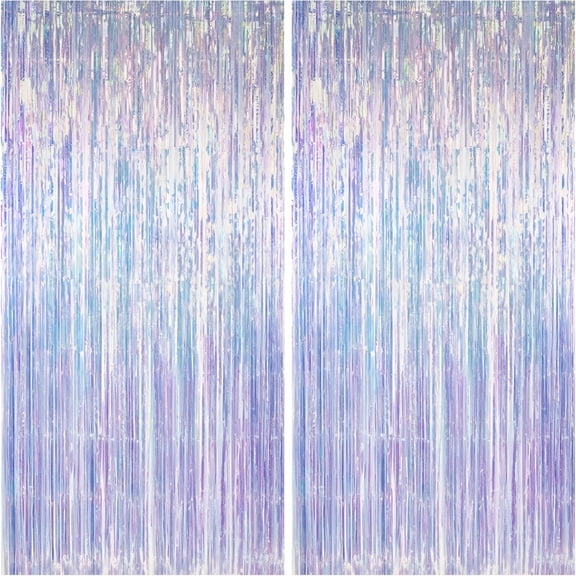 TUWAFE Iridescent Party Decorations Thicken Iridescent Streamers 2 Pack 3.3X6.6 Ft,Holographic Tinsel Foil Fringe Backdrop Curtains for Birthday/Mermaid/Frozen/Sea/Eras Party Decorations