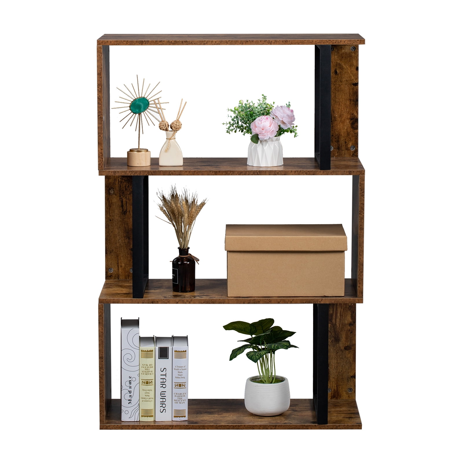 Kepooman Storage Cabinet Multifunctional Industrial S-Shaped Z-Shelf Bookshelves with 3 Storage Cabinet for Bedroom, Living Room, Study, Balcony, Rustic Brown Cabinet Organizers and Storage Kepooman Storage Cabinet Multifunctional Industrial S-Shaped Z-Shelf Bookshelves with 3 Storage Cabinet for Bedroom, Living Room, Study, Balcony, Rustic Brown Cabinet Organizers and Storage