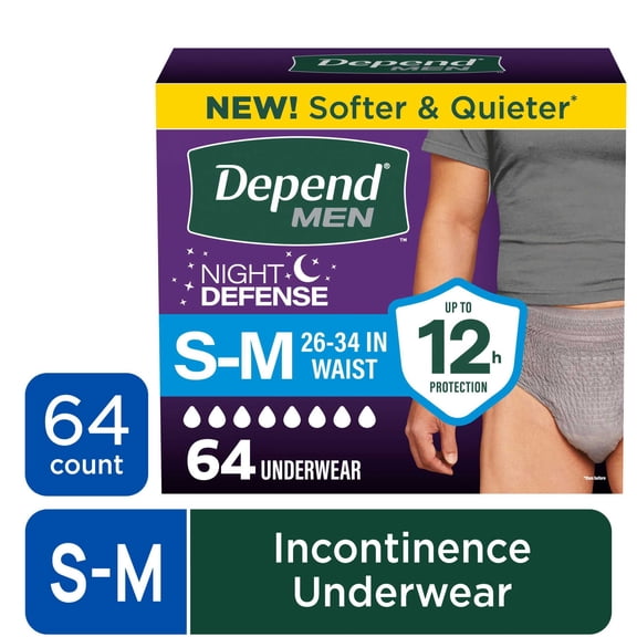 Depend Night Defense Incontinence Underwear for Men, Adult Diapers, S/M, 64 Count